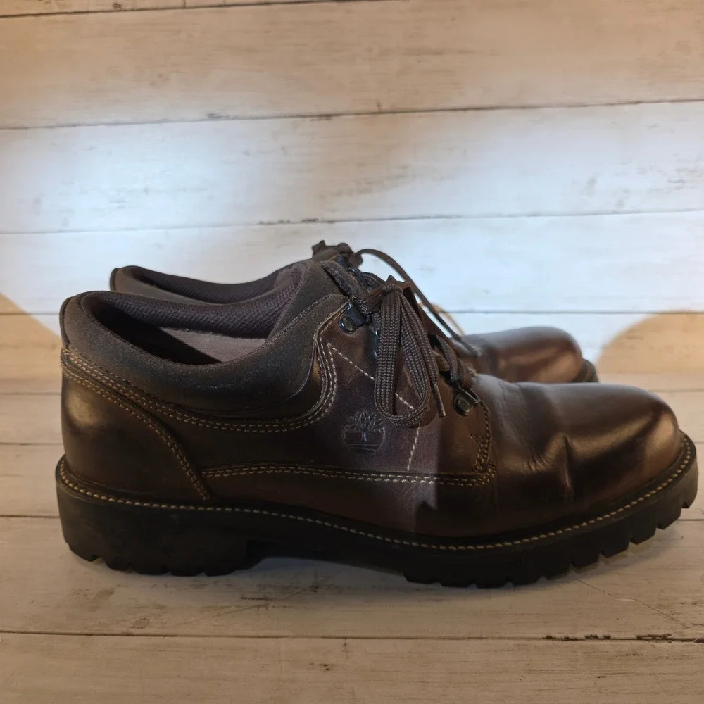Timberland Mens Brown Leather Low Top Hiking Shoes Lug Sole Oxford 10M 4127